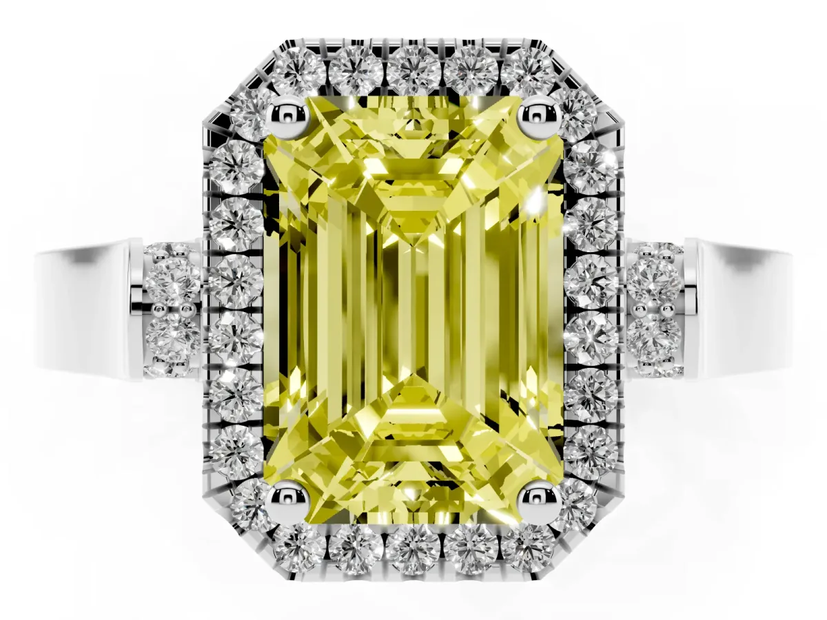 Fancy Yellow Emerald Cut Halo Pave Split Shank Prong Setting Ring Platinum