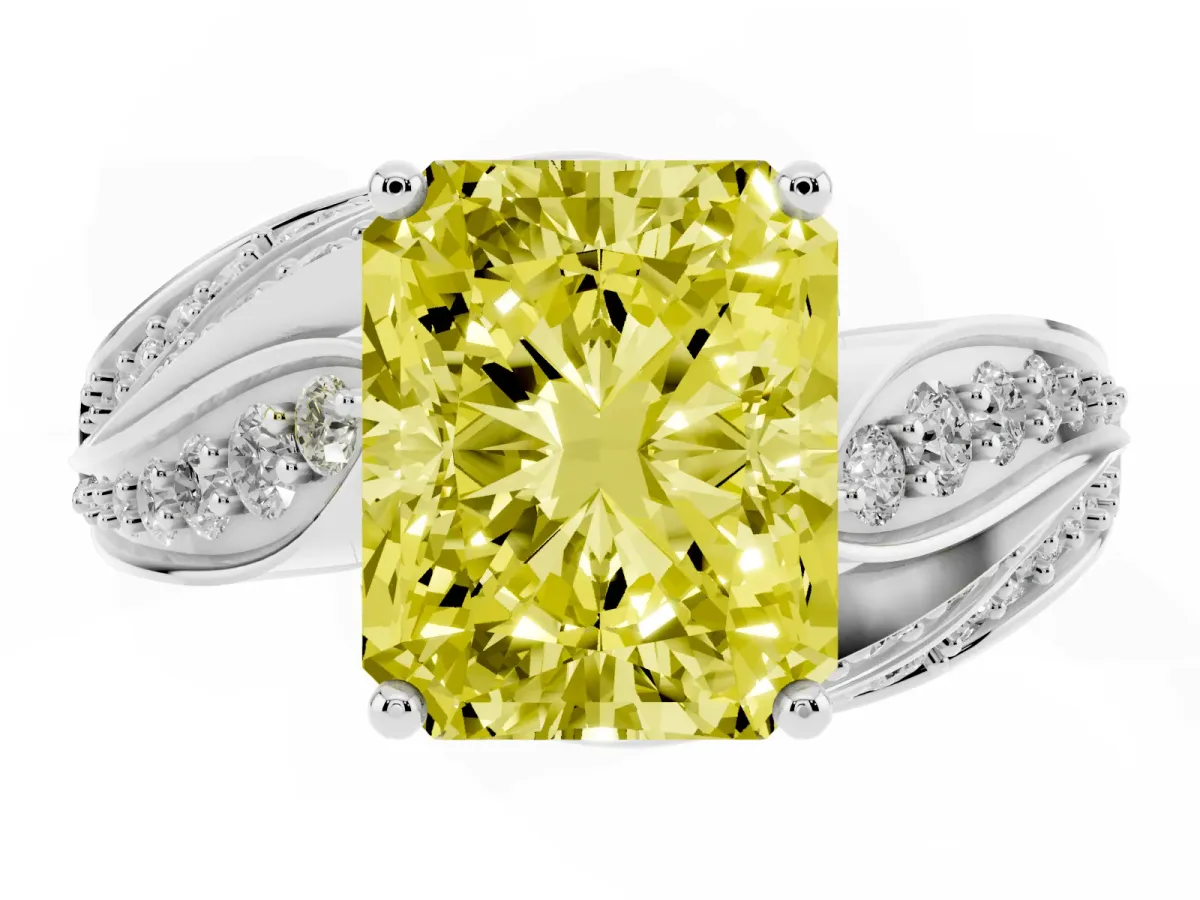 Fancy Yellow Radiant Cut Diamond Solitaire Ring with Prong Setting and Twisted Pavé Band White gold