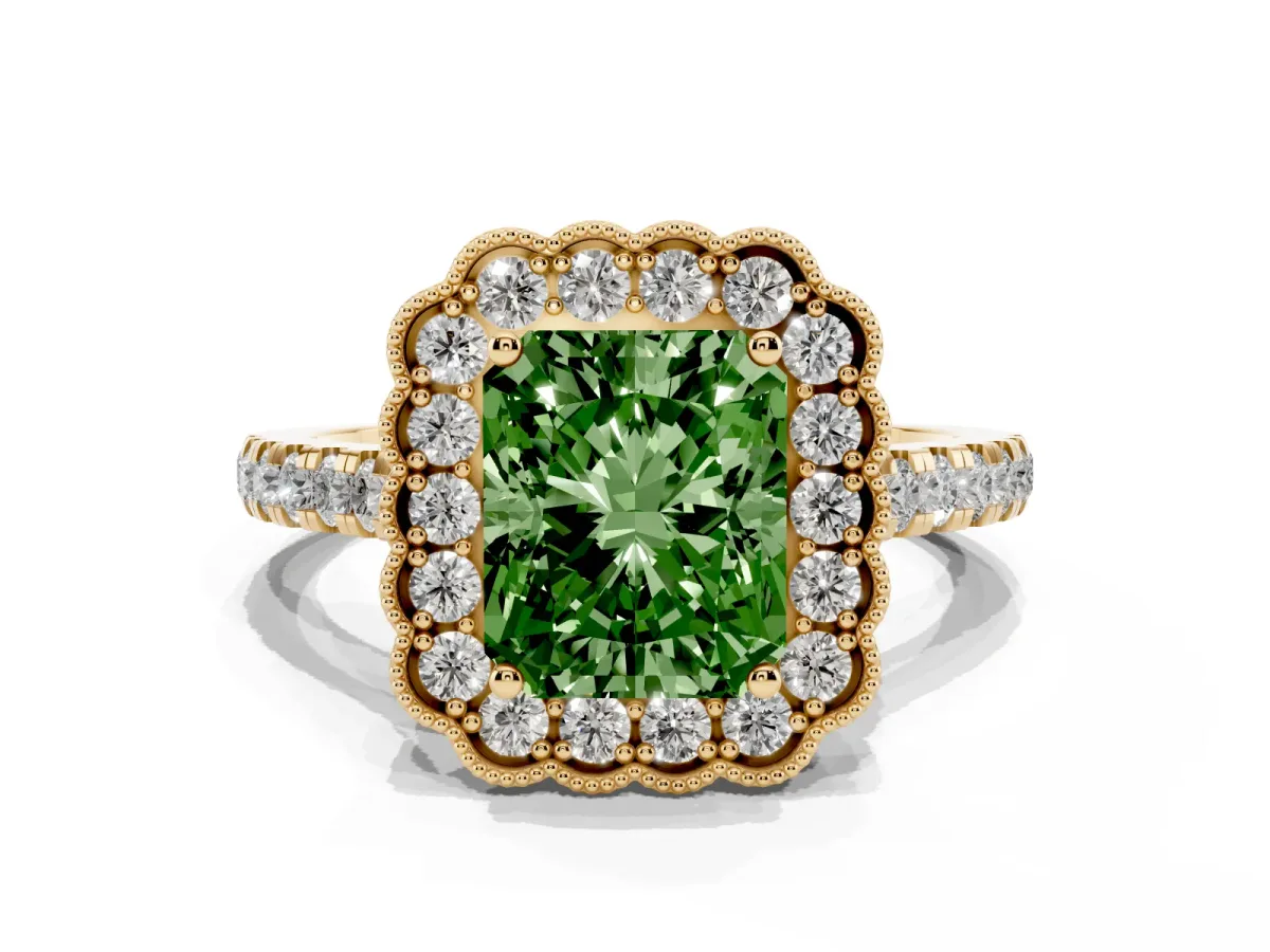 Fancy Green Radiant Cut Cut Diamond Milgrain Floral Halo Engagement Ring with Pavé Band Yellow gold
