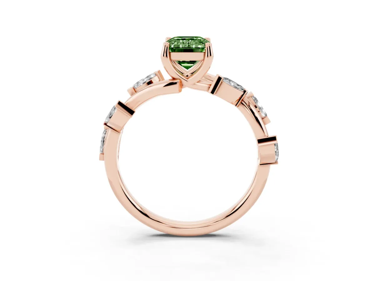 Fancy Green Emerald Cut Solitaire Twisted Band Marquise Accent Prong Setting Ring Rose gold