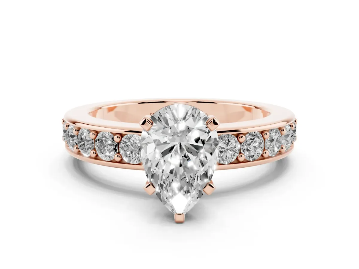 Pear Cut Diamond Engagement Ring with Channel Set Round Band and Prong Setting Rose gold