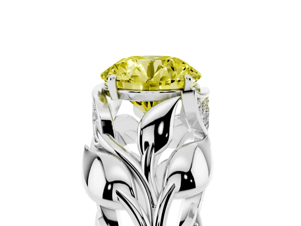Fancy Yellow Round Cut Diamond Leaf-Inspired Engagement Ring with Round Accents and Prong Setting Platinum