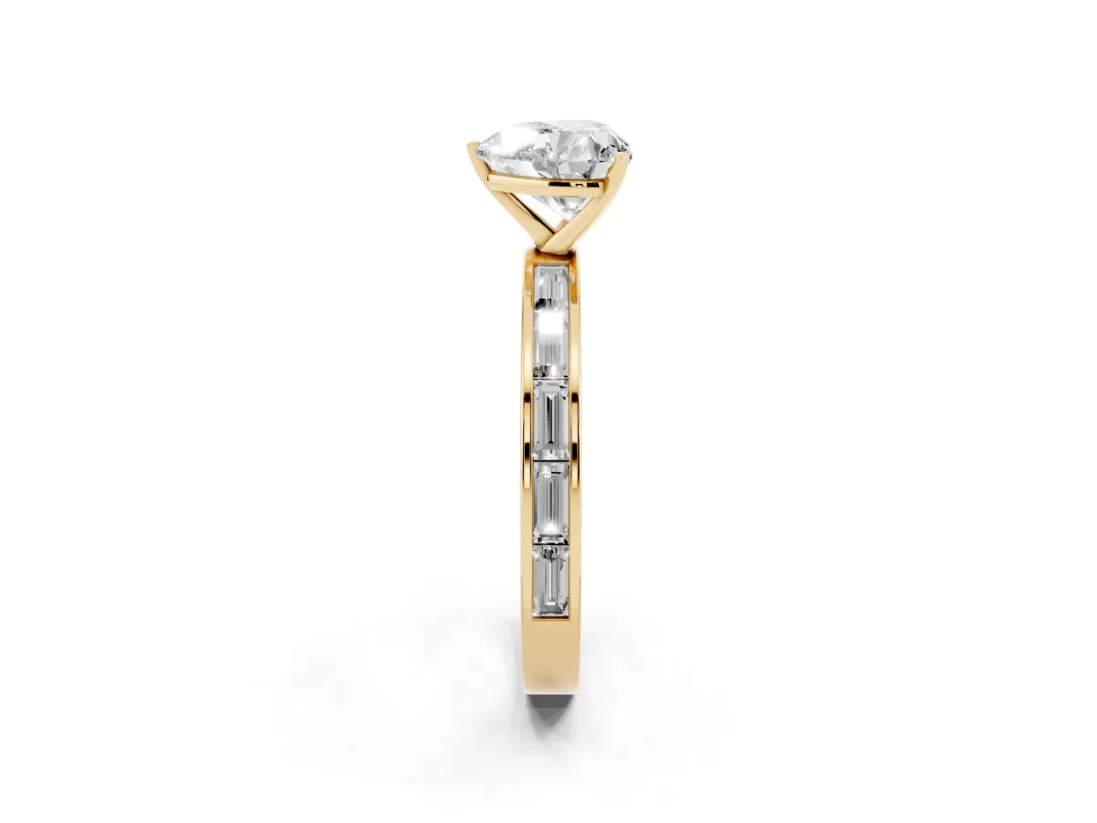 Heart Cut Solitaire Diamond Ring with Channel-Set Baguette Band and Four-Prong Setting Yellow gold