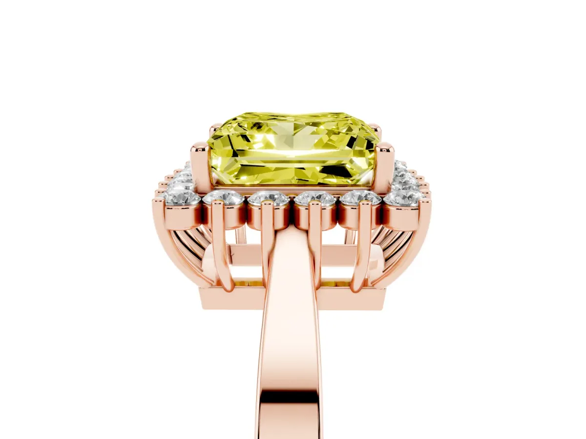 Fancy Yellow Princess Cut Cut Diamond Halo Ring with Round Brilliant Halo and Solitaire Band Rose gold