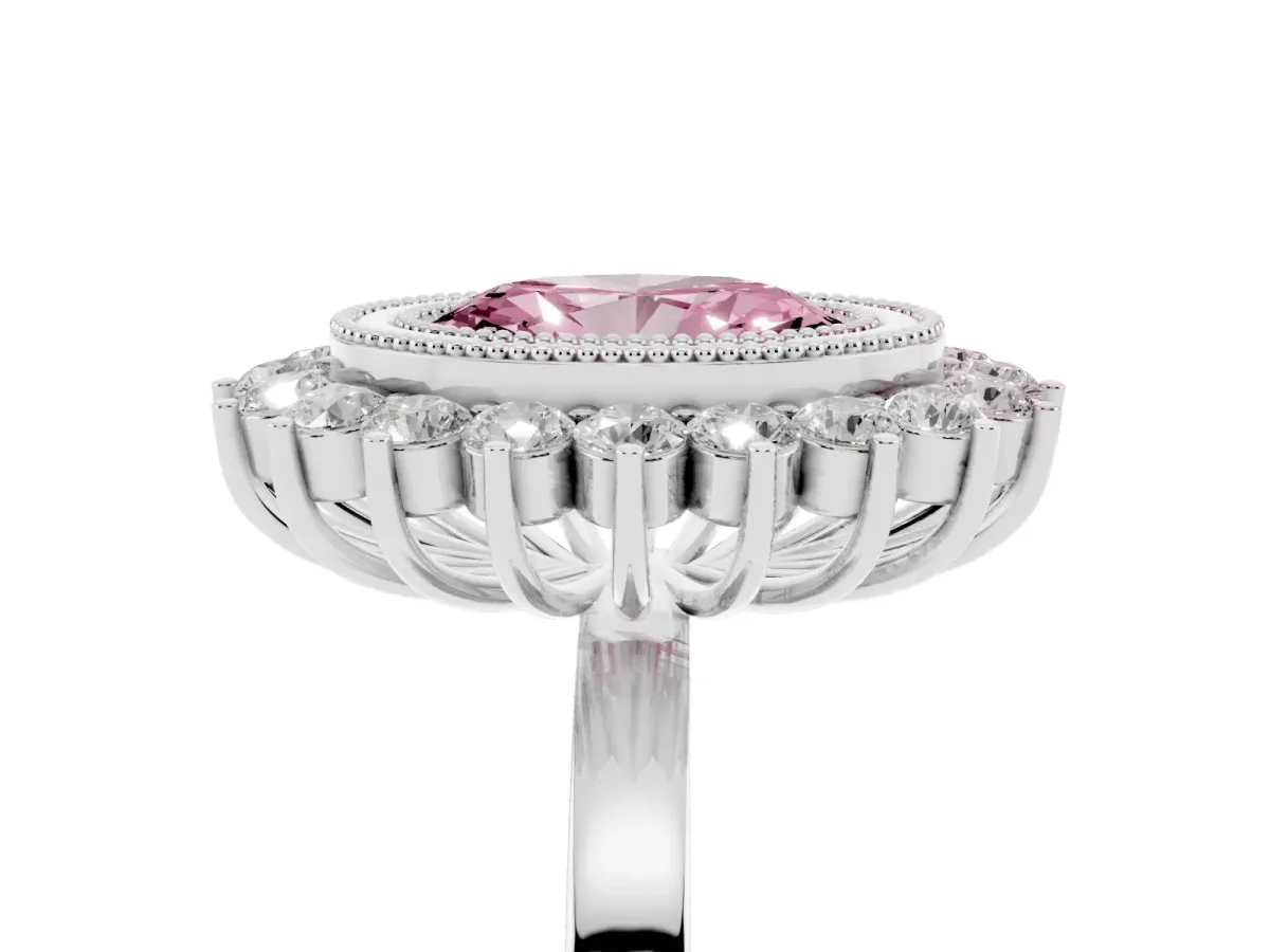 Fancy Pink Oval Cut Halo Diamond Ring with Milgrain Edge and Round Prong Setting Silver