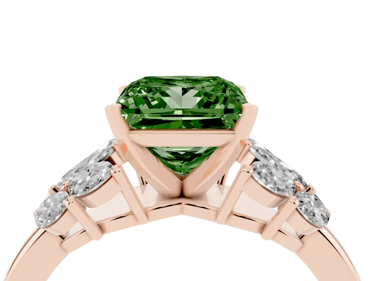 Fancy Green Princess Cut Diamond Cluster Leaf Design Ring with Prong Setting Rose gold