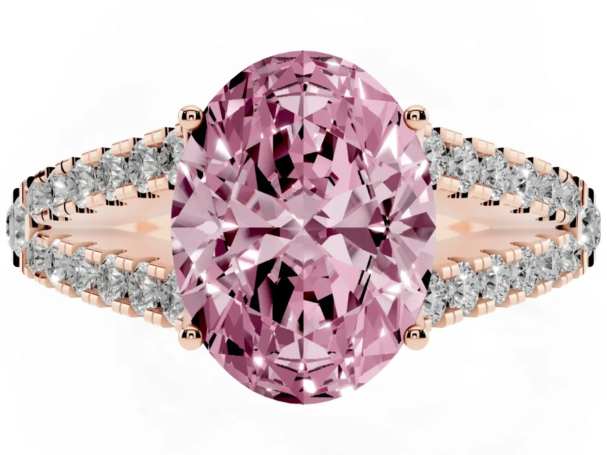 Fancy Pink Oval Cut Diamond Split Shank Pavé Engagement Ring with Four-Prong Setting Rose gold