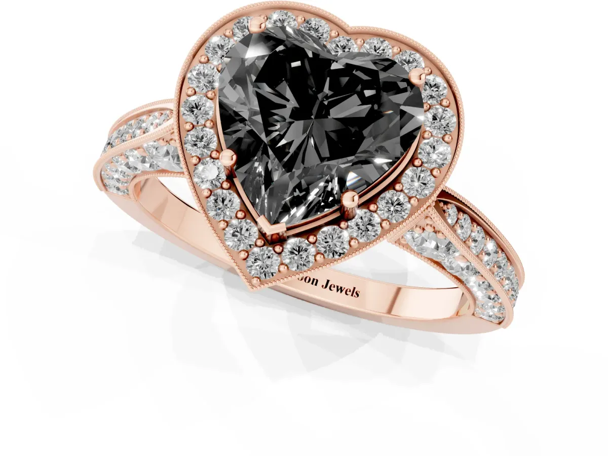 Fancy Black Heart Cut Halo Diamond Engagement Ring with Split Shank Band and Four-Prong Setting Rose gold