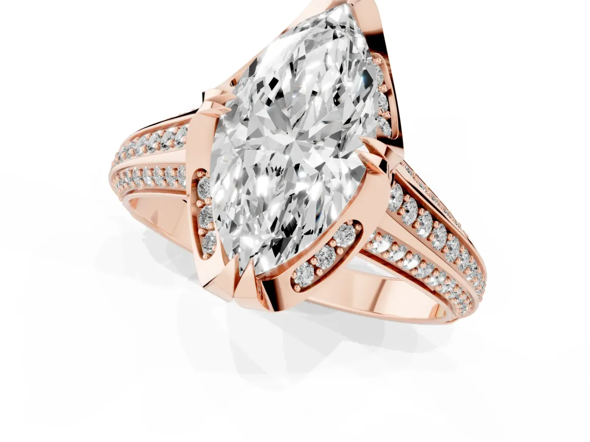 Marquise Cut Solitaire Pave Split Shank Ring with Four-Prong Setting Rose gold