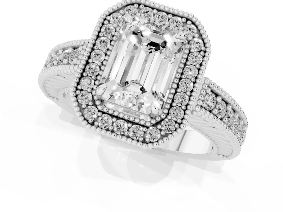 Emerald Cut Cut Halo Diamond Ring with Pavé Band and Four-Prong Setting Silver