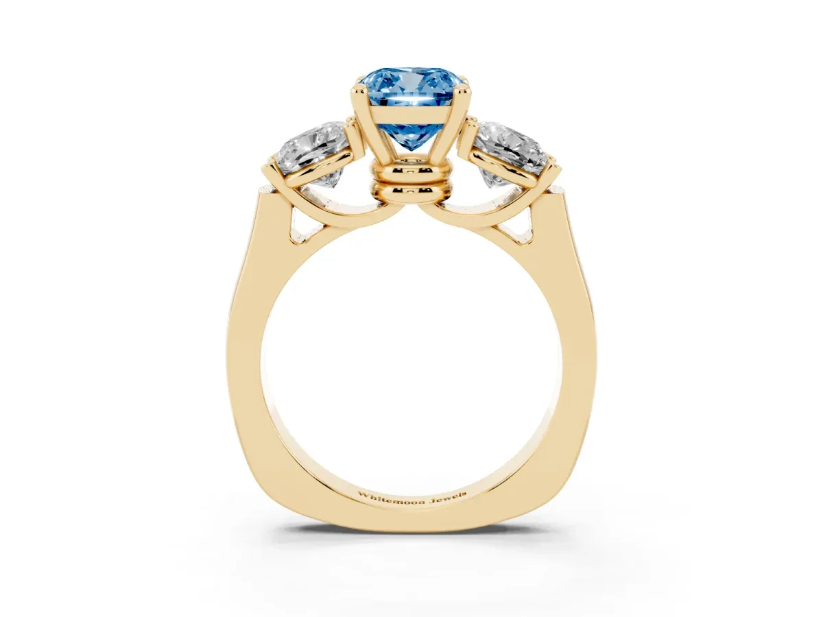 Fancy Blue Three-Stone Cushion Cut Brilliant Diamond Trellis Ring with Comfort Fit Band Yellow gold