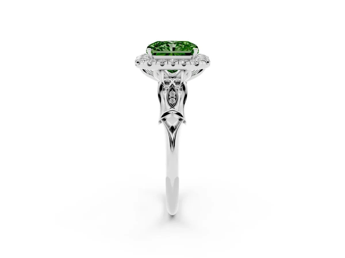 Fancy Green Radiant Cut Halo Diamond Engagement Ring with Filigree Band and Four-Prong Setting Platinum