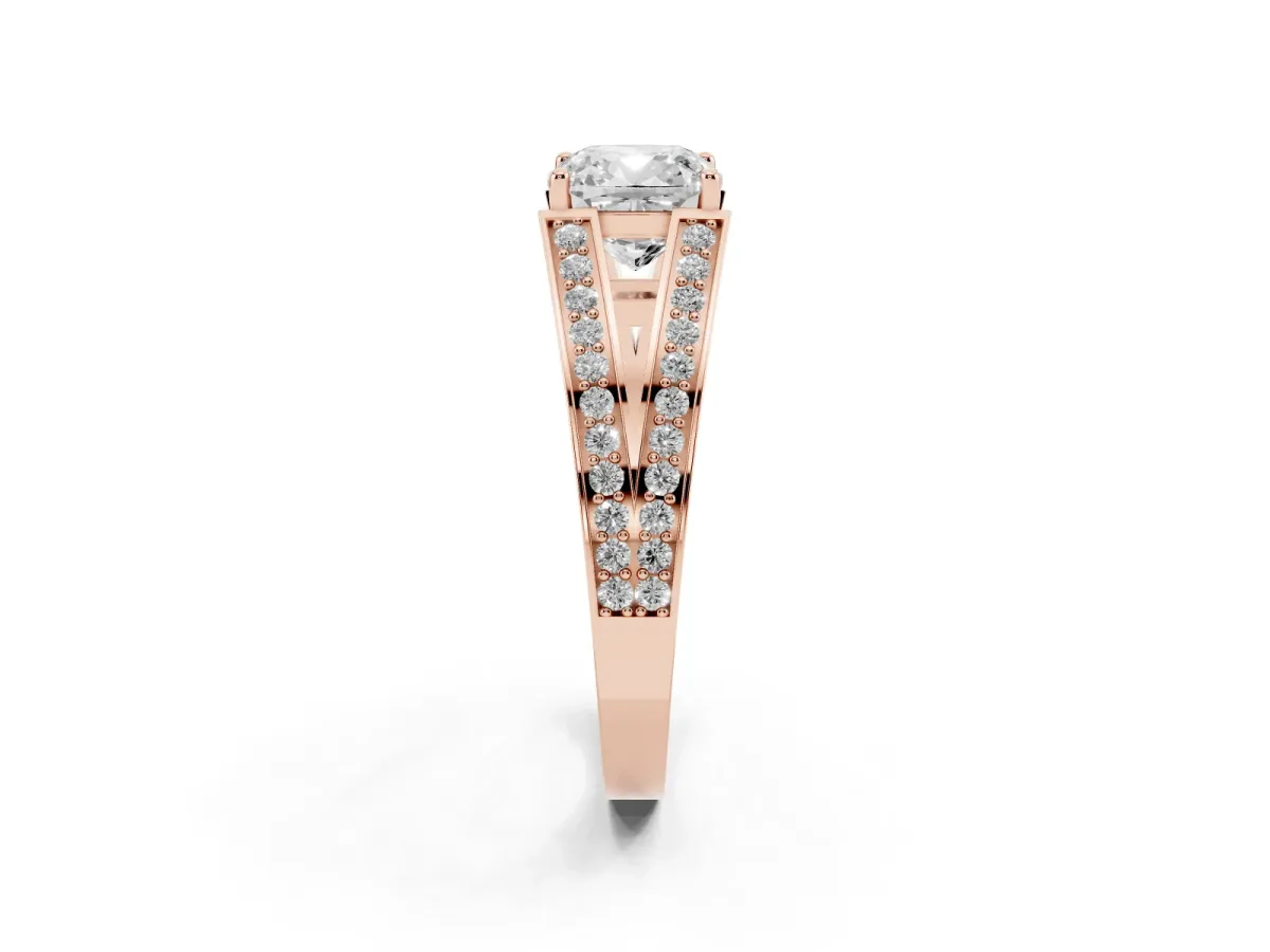 Cushion Cut Diamond Split Shank Ring with Pavé Band and Four-Prong Setting Rose gold
