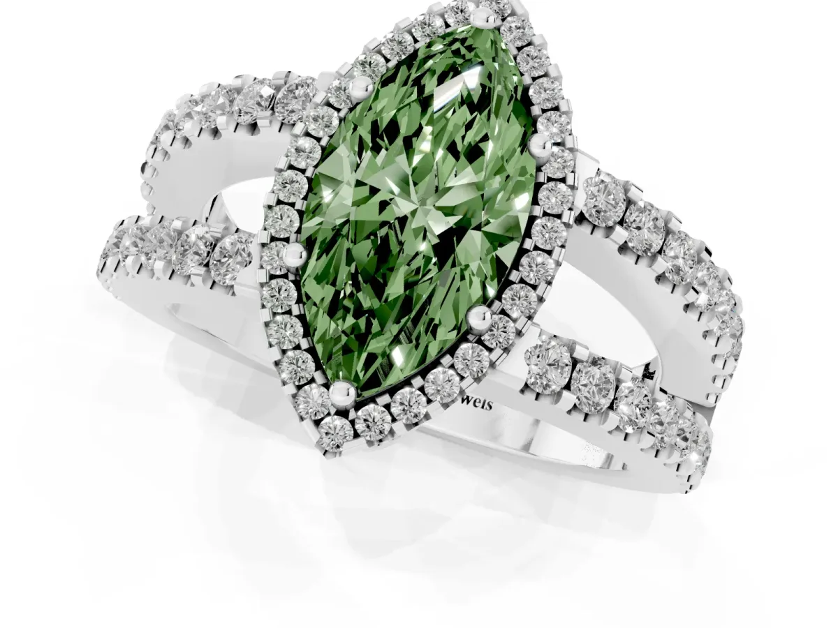 Fancy Green Marquise Cut Cut Halo Split Shank Diamond Ring with Four-Prong Setting Platinum