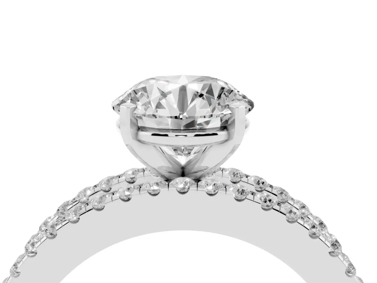 Round Cut Diamond Solitaire Ring with Pavé and Channel Set Band Silver