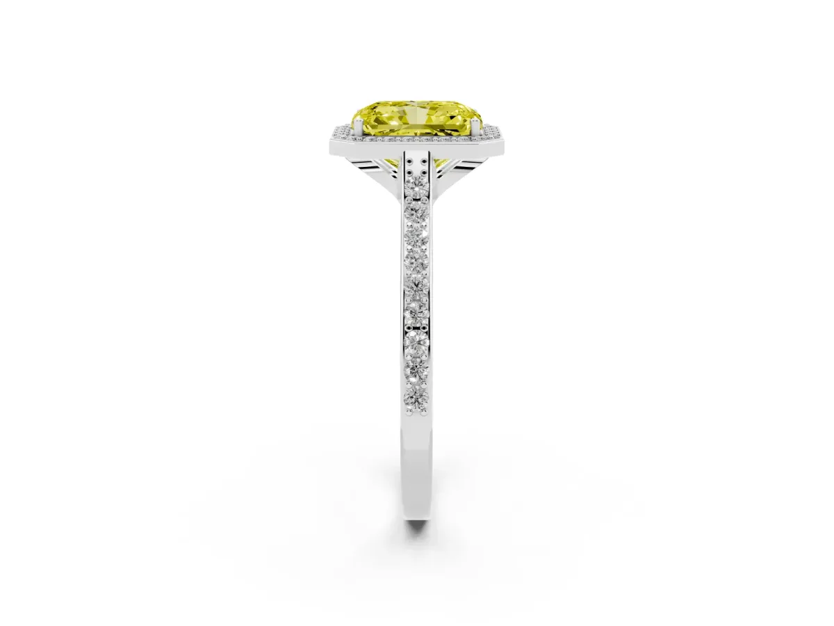 Fancy Yellow Radiant Cut Diamond Halo Engagement Ring with Round Pavé Shoulders and Prong Setting Platinum