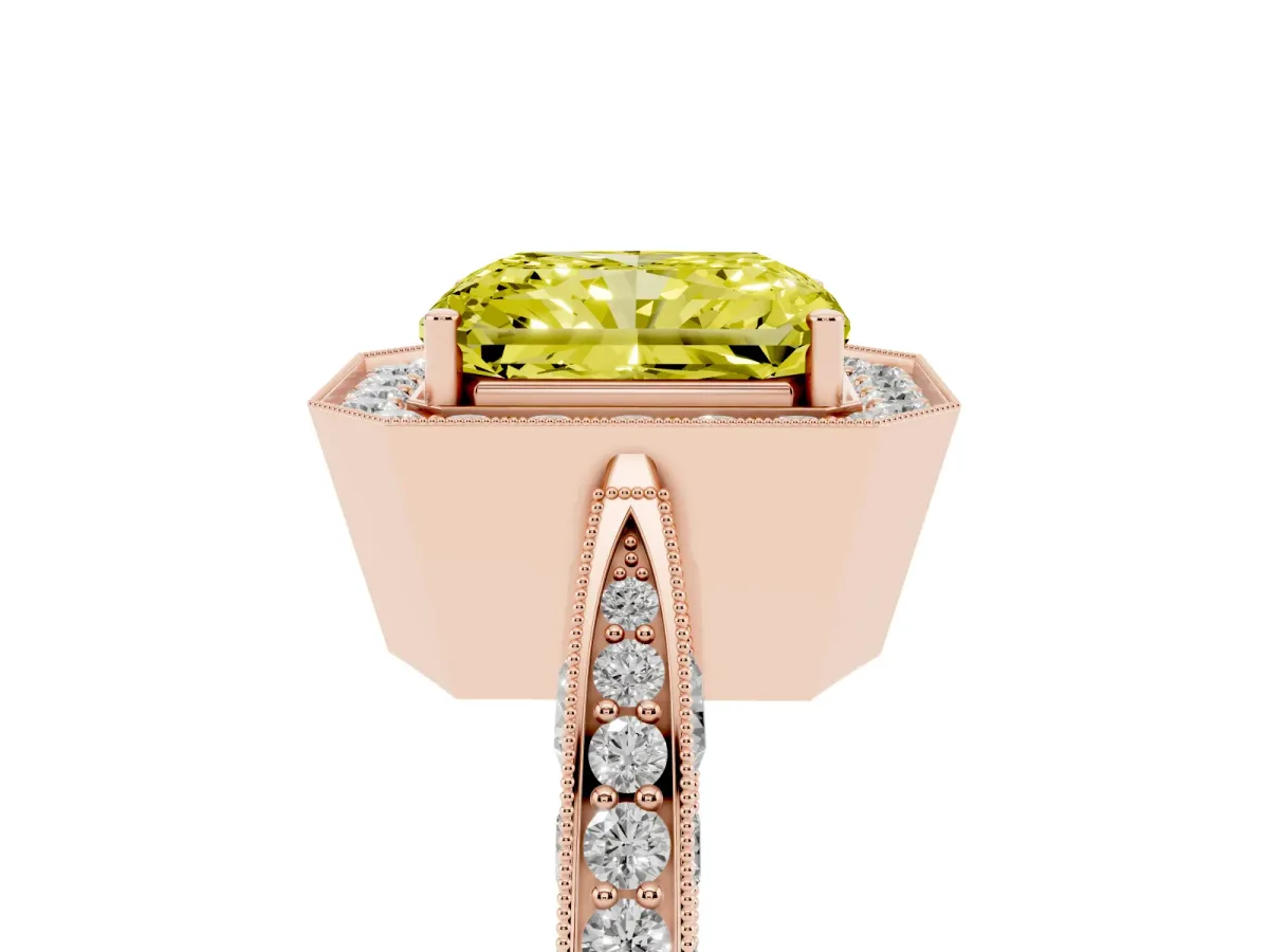 Fancy Yellow Radiant Cut Halo Diamond Engagement Ring with Split Shank Band and Four-Prong Setting Rose gold