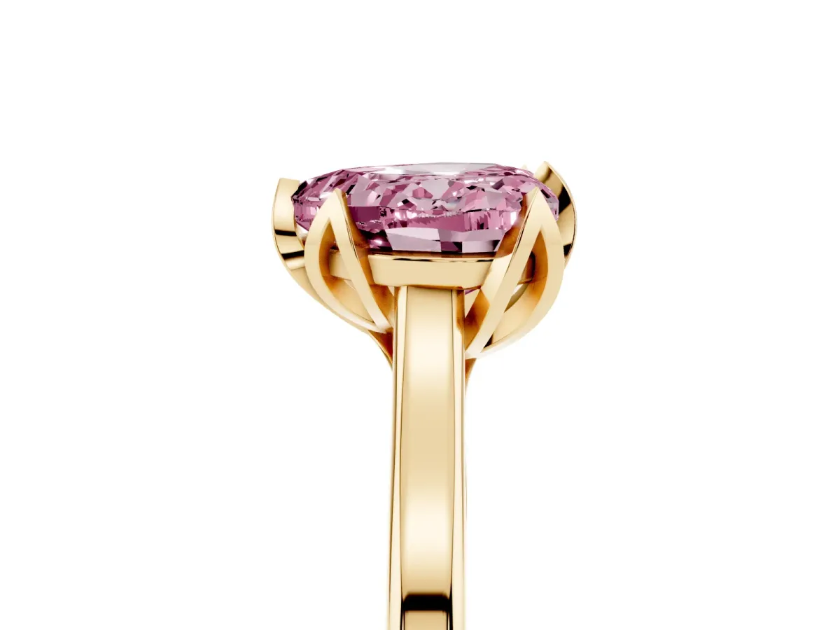 Fancy Pink Heart Cut Diamond Solitaire Ring with Flower Prong Setting and Classic Band Yellow gold