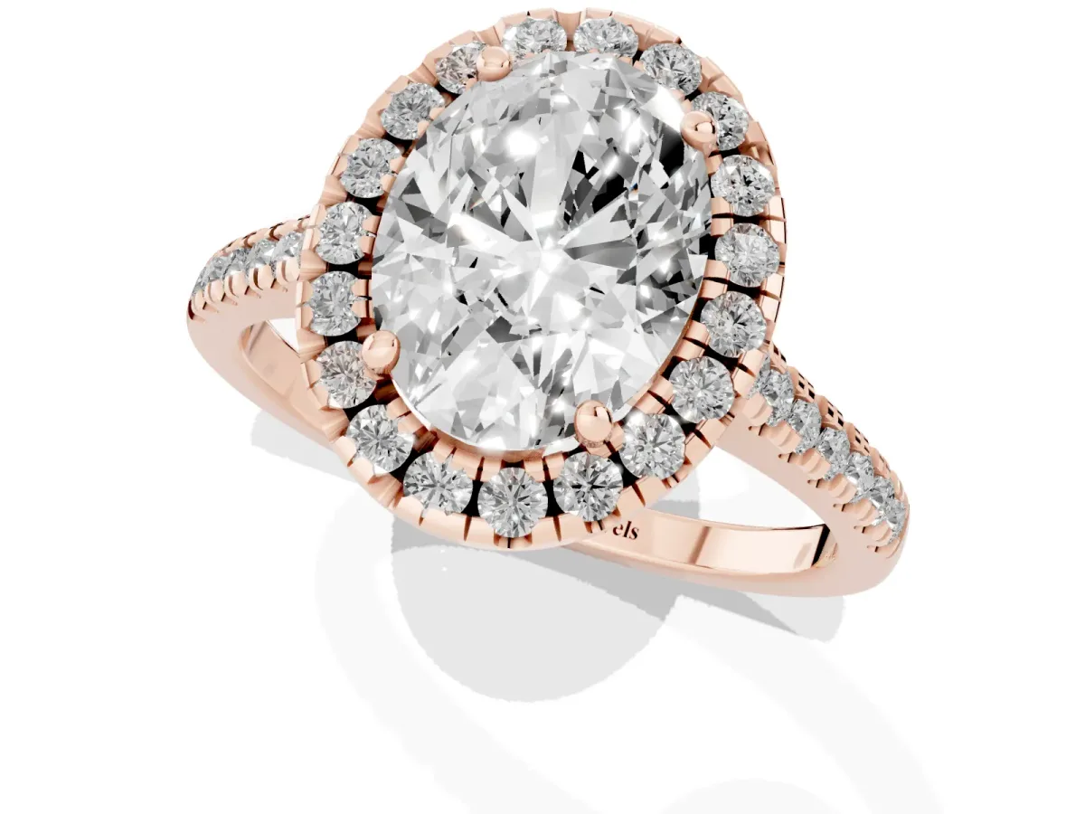 Oval Cut Diamond Cushion Halo Ring with Pavé Band Rose gold