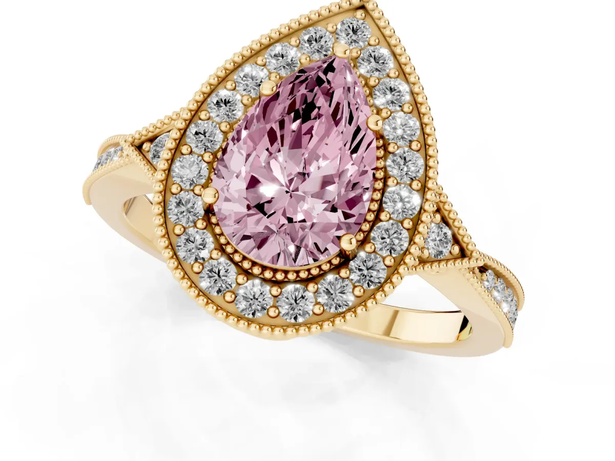 Fancy Pink Pear Cut Halo Round Diamond Milgrain Pave Engagement Ring Yellow gold