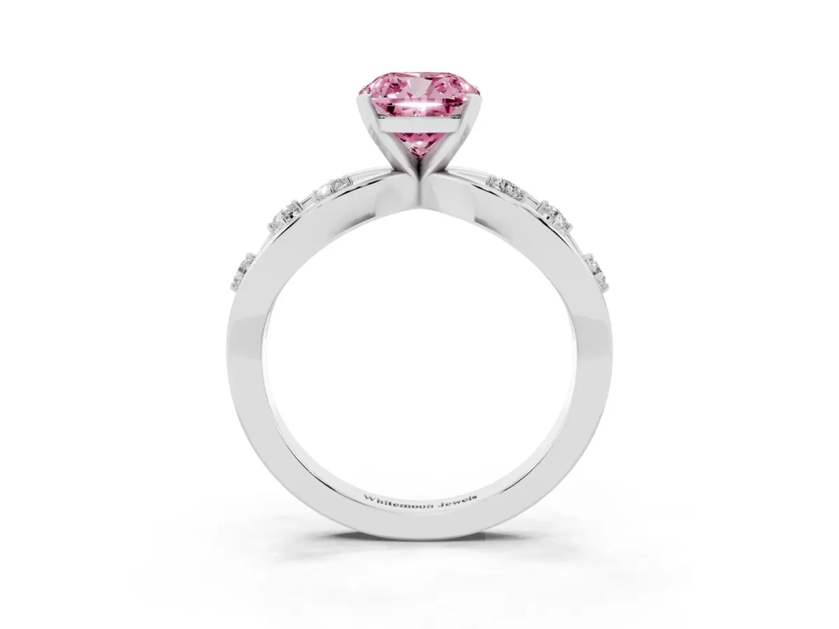 Fancy Pink Cushion Cut Cut Solitaire Diamond with Side Stones on Criss-Cross Band and Four-Prong Setting Platinum
