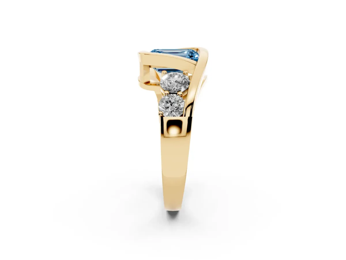 Fancy Blue Bezel Set Emerald Cut Diamond Bypass Ring with Round Accents Yellow gold