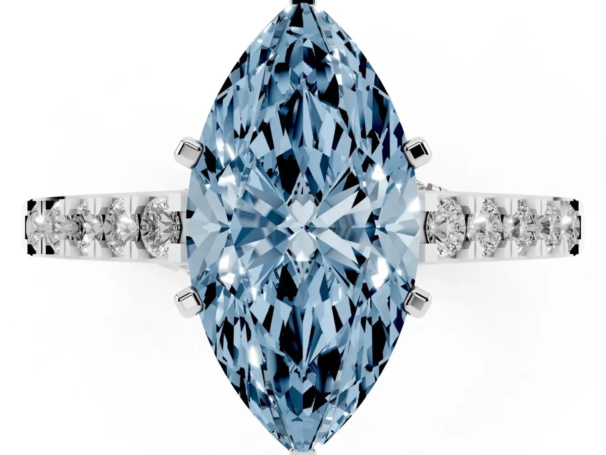Fancy Blue Marquise Cut Diamond Solitaire Ring with Crossover Gallery and Round Pavé Band Silver