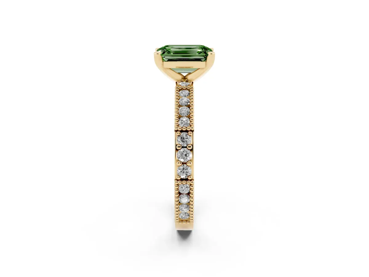 Fancy Green Emerald Cut Solitaire with Pavé Band and Four-Prong Setting Yellow gold