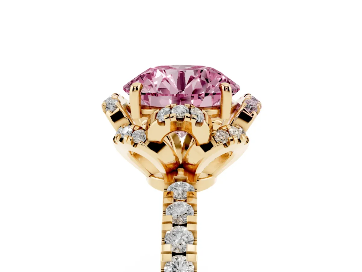 Fancy Pink Round Cut Halo Diamond Pave Band Ring with Four-Prong Setting Yellow gold