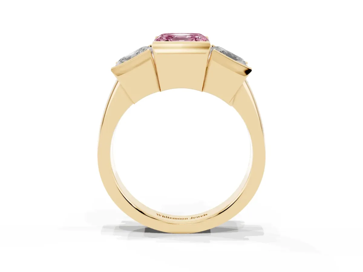 Fancy Pink Three Stone Asscher Cut Cut Channel Set Diamond Ring Yellow gold