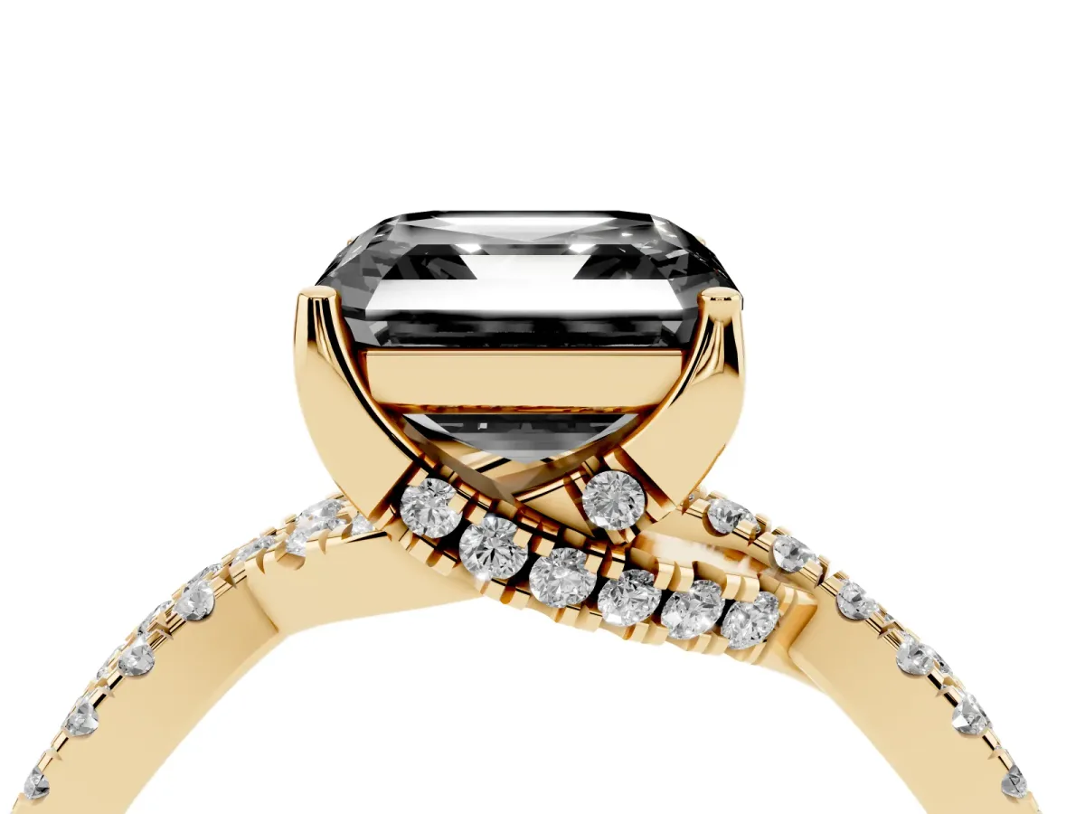 Fancy Black Asscher Cut Solitaire Twist Pave Diamond Engagement Ring with Prong Setting Yellow gold