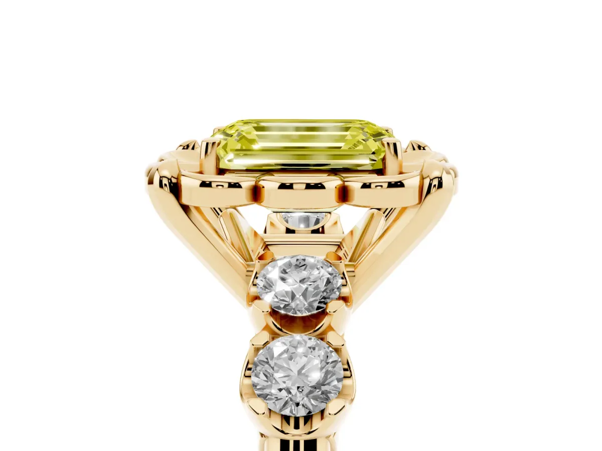 Fancy Yellow Emerald Cut Cut Diamond Floral Halo Engagement Ring with Shared Prong Setting Yellow gold