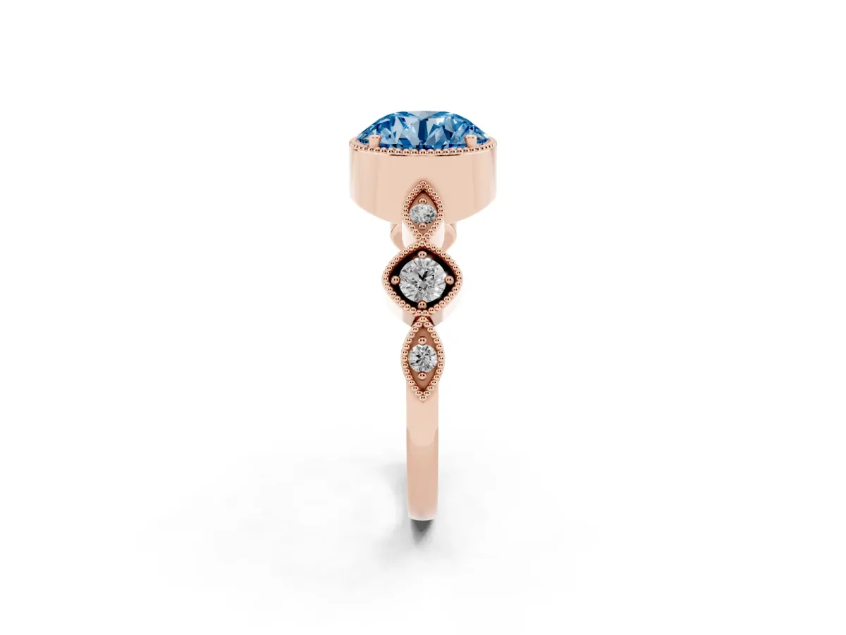 Fancy Blue Round Cut Diamond Vintage Milgrain Ring with Round Stations Rose gold