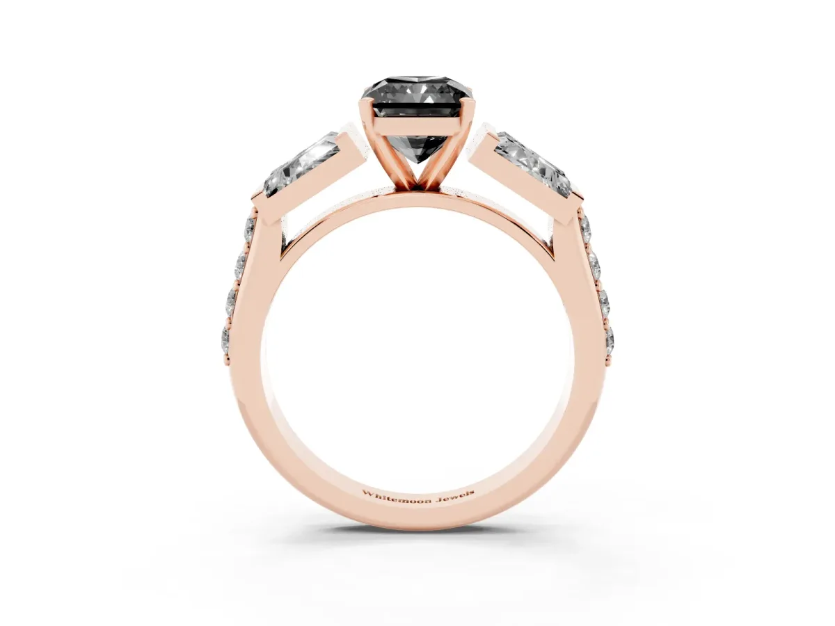 Fancy Black Radiant Cut Diamond Engagement Ring with Baguette Side Stones and Channel Set Band Rose gold
