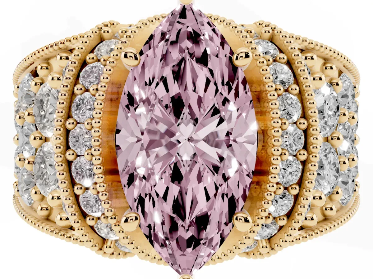 Fancy Pink Marquise Cut Halo Pave Diamond Engagement Ring with Milgrain Detailing Yellow gold