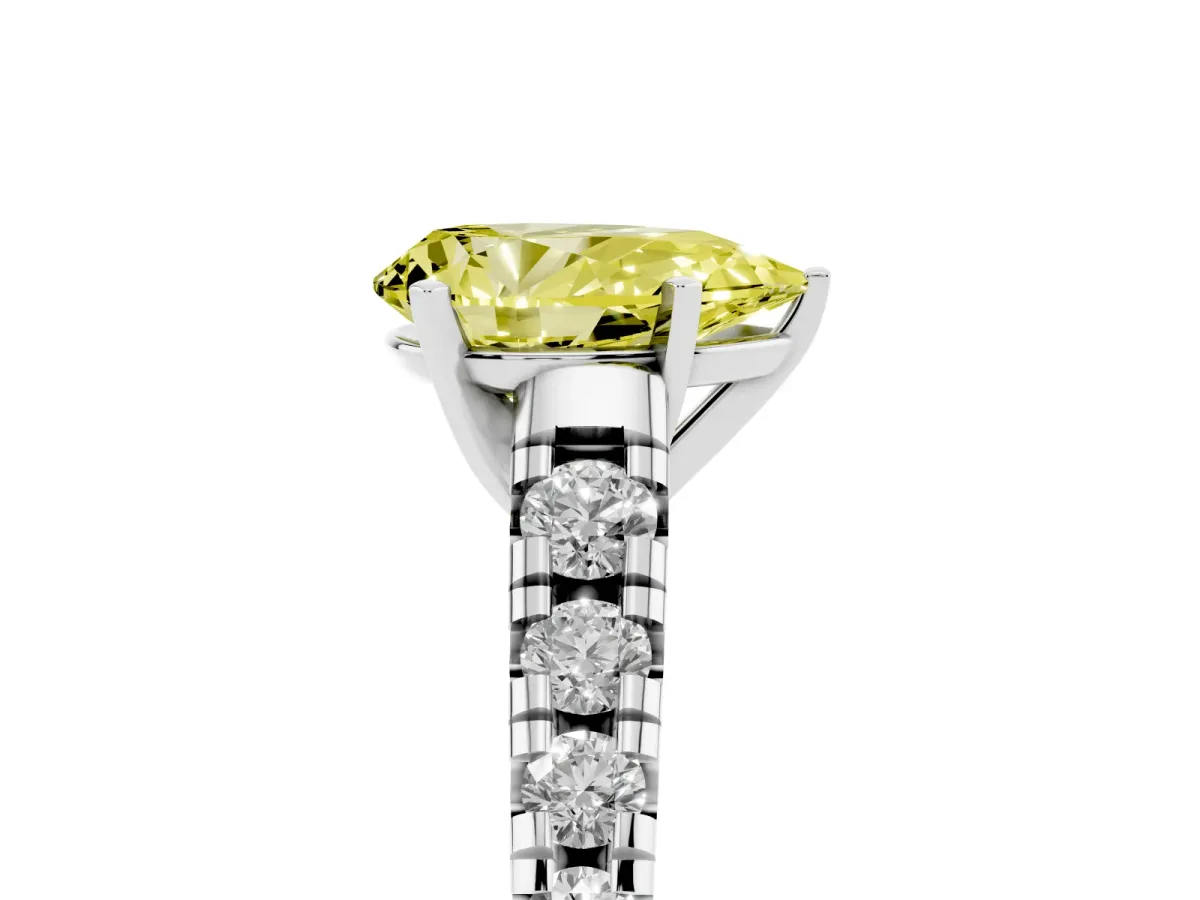 Fancy Yellow Pear Cut Diamond Cathedral Solitaire Ring with Round Pavé Band Silver