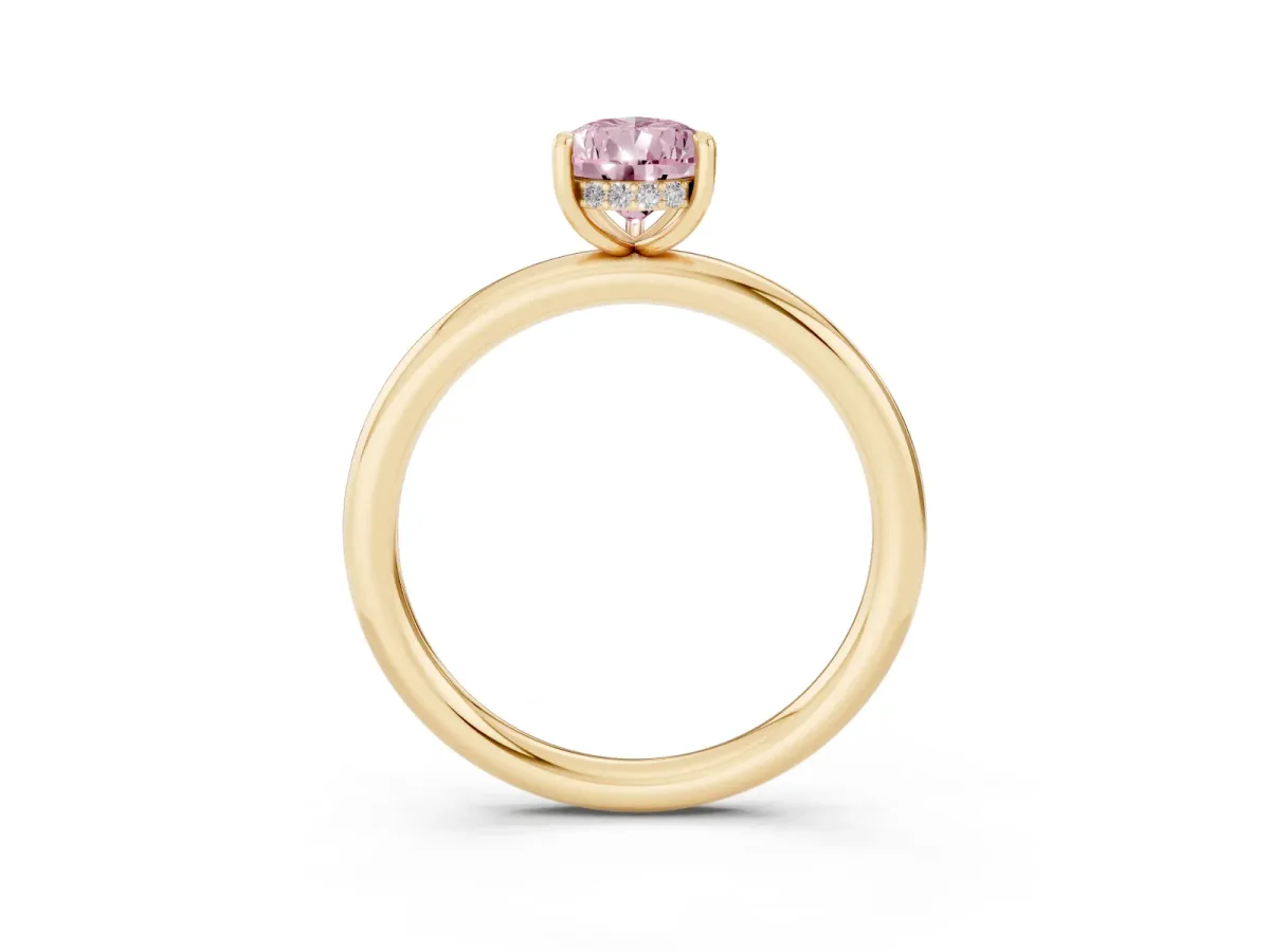 Fancy Pink Pear Cut Diamond Solitaire Ring with Thin Band and Four-Prong Setting Yellow gold