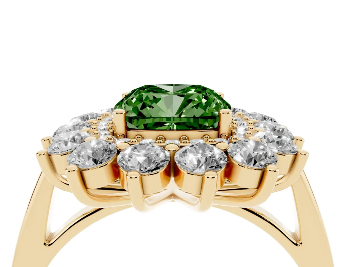 Fancy Green Cushion Cut Diamond Floral Double Halo Engagement Ring with Prong Setting Yellow gold