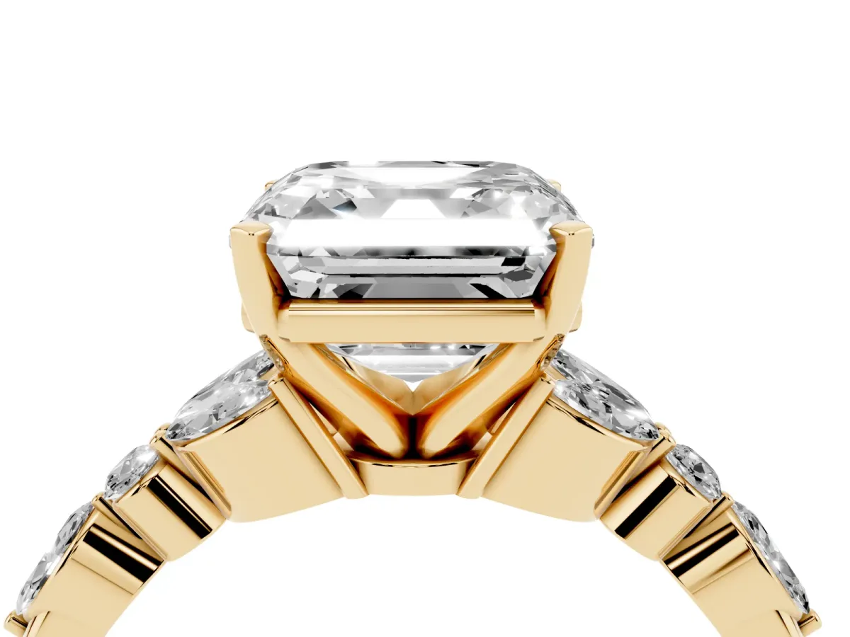 Asscher Cut Diamond Solitaire Ring with Side Stones and Four-Prong Setting Yellow gold