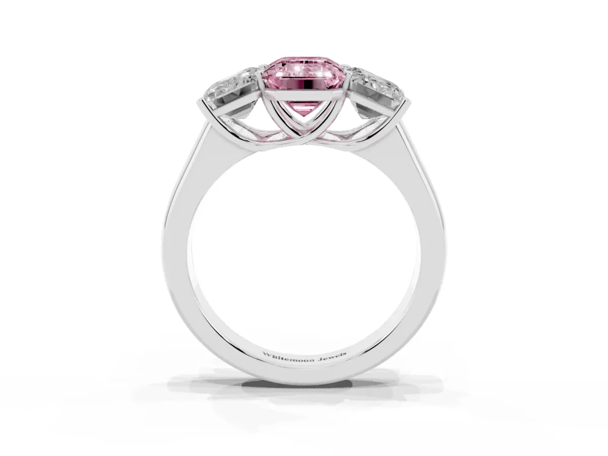 Fancy Pink Emerald Cut Three-Stone Diamond Ring with Prong Setting on a Classic Band Silver