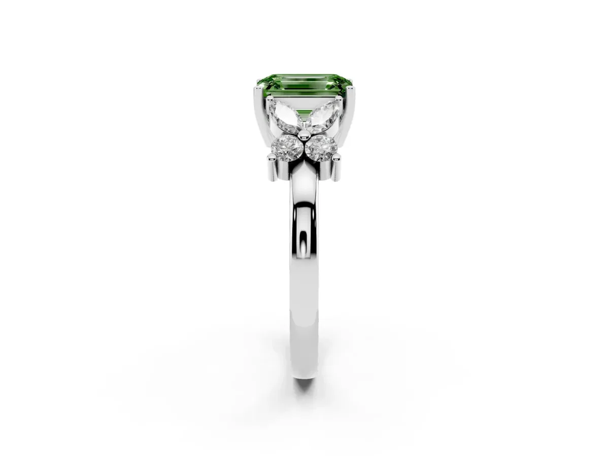 Fancy Green Emerald Cut Diamond Floral Cluster Ring with Solitaire Band and Prong Setting Platinum