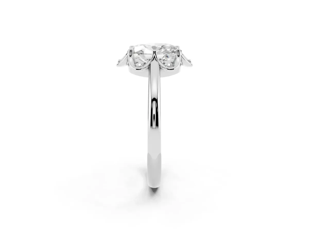 Oval Cut Halo Diamond Ring with Round Cluster Setting, Solitaire Band, and Four-Prong Setting Silver