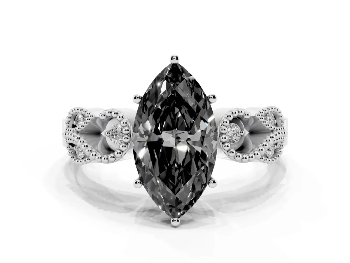 Fancy Black Marquise Cut Solitaire Milgrain Leaf Band with Prong Setting Platinum