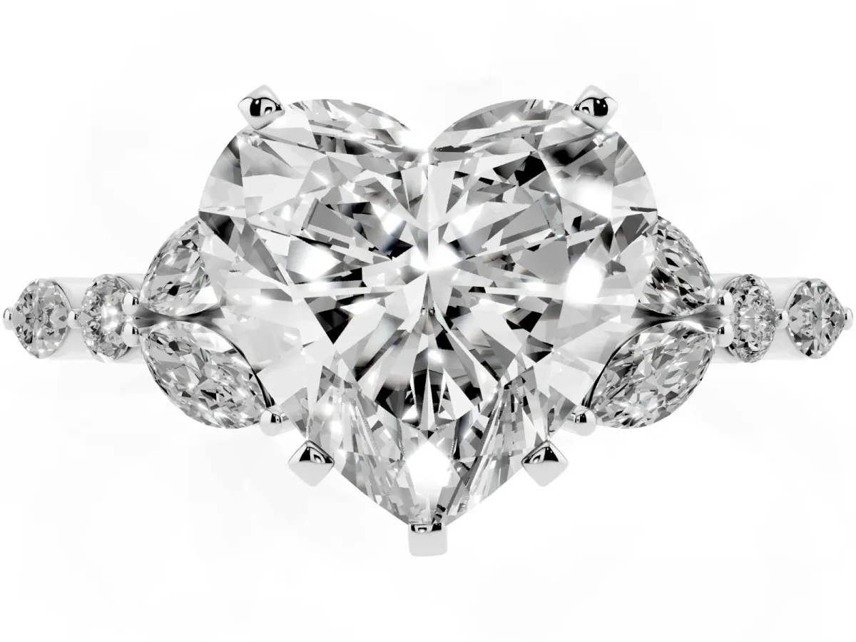 Heart Cut Diamond Solitaire Ring with Side Stones and Four-Prong Setting Platinum