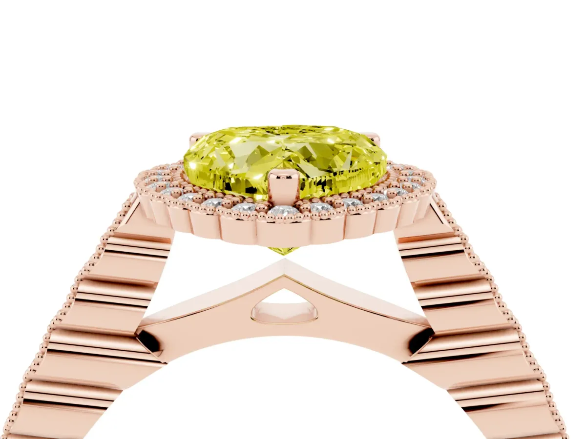Fancy Yellow Heart Cut Cut Halo Pavé Solitaire Ring with Milgrain Band Rose gold