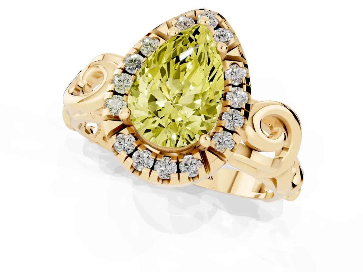 Fancy Yellow Pear Cut Cut Halo Diamond Ring with Scrollwork Band and Four-Prong Setting Yellow gold