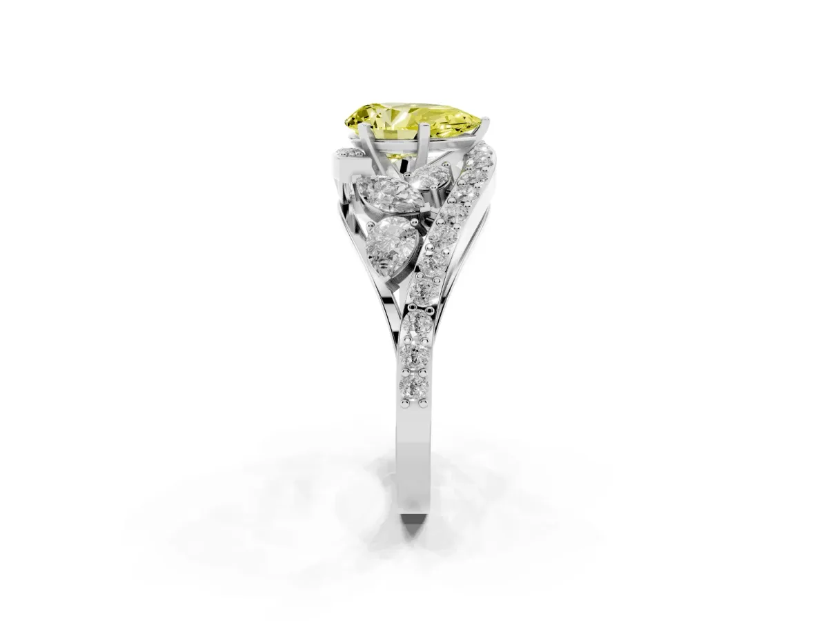 Fancy Yellow Pear Cut Diamond Halo Ring with Marquise and Pavé Band in Prong Setting Platinum