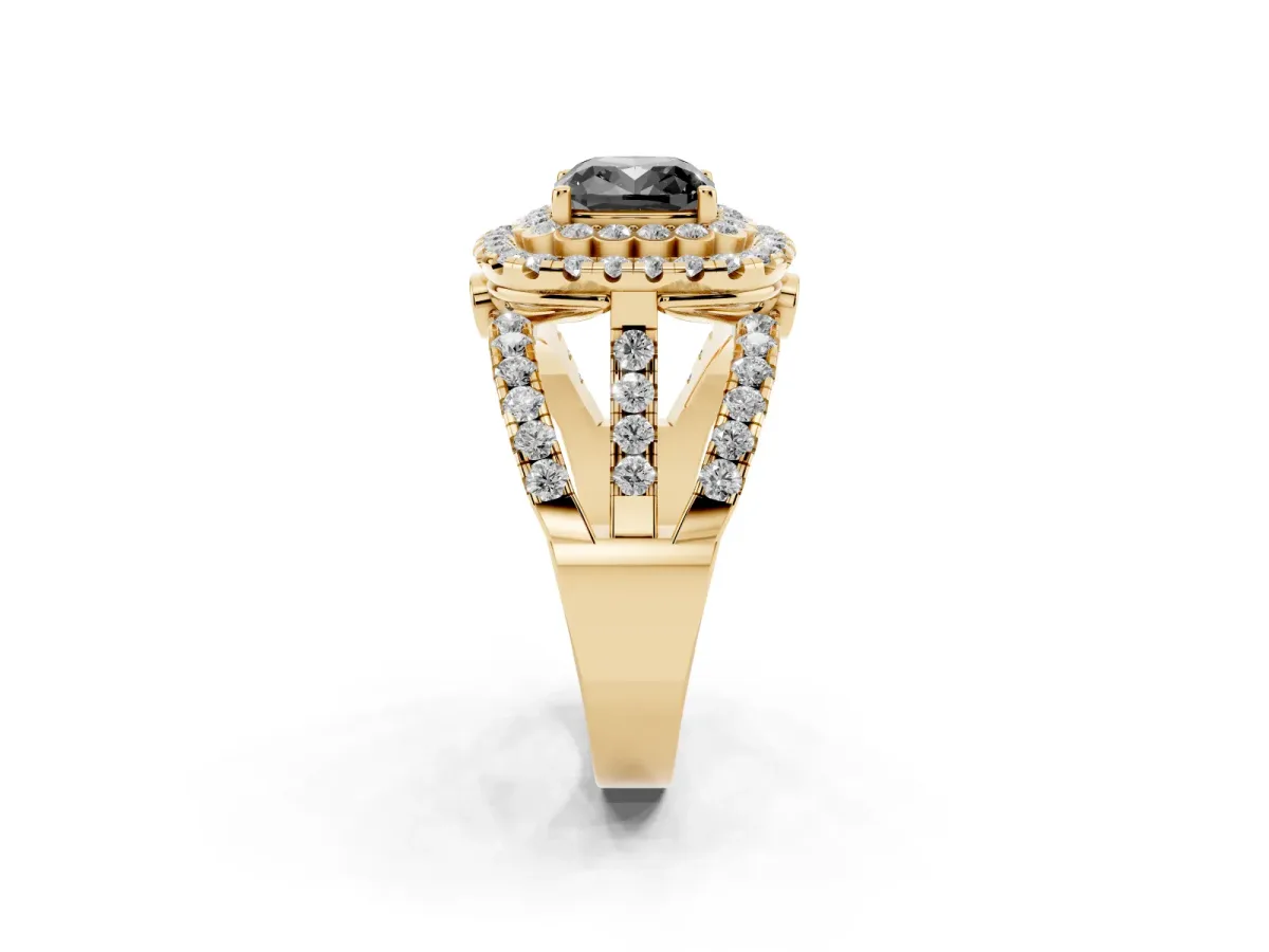 Fancy Black Cushion Cut Diamond Double Halo Ring with Round Pavé Split Shank and Prong Setting Yellow gold