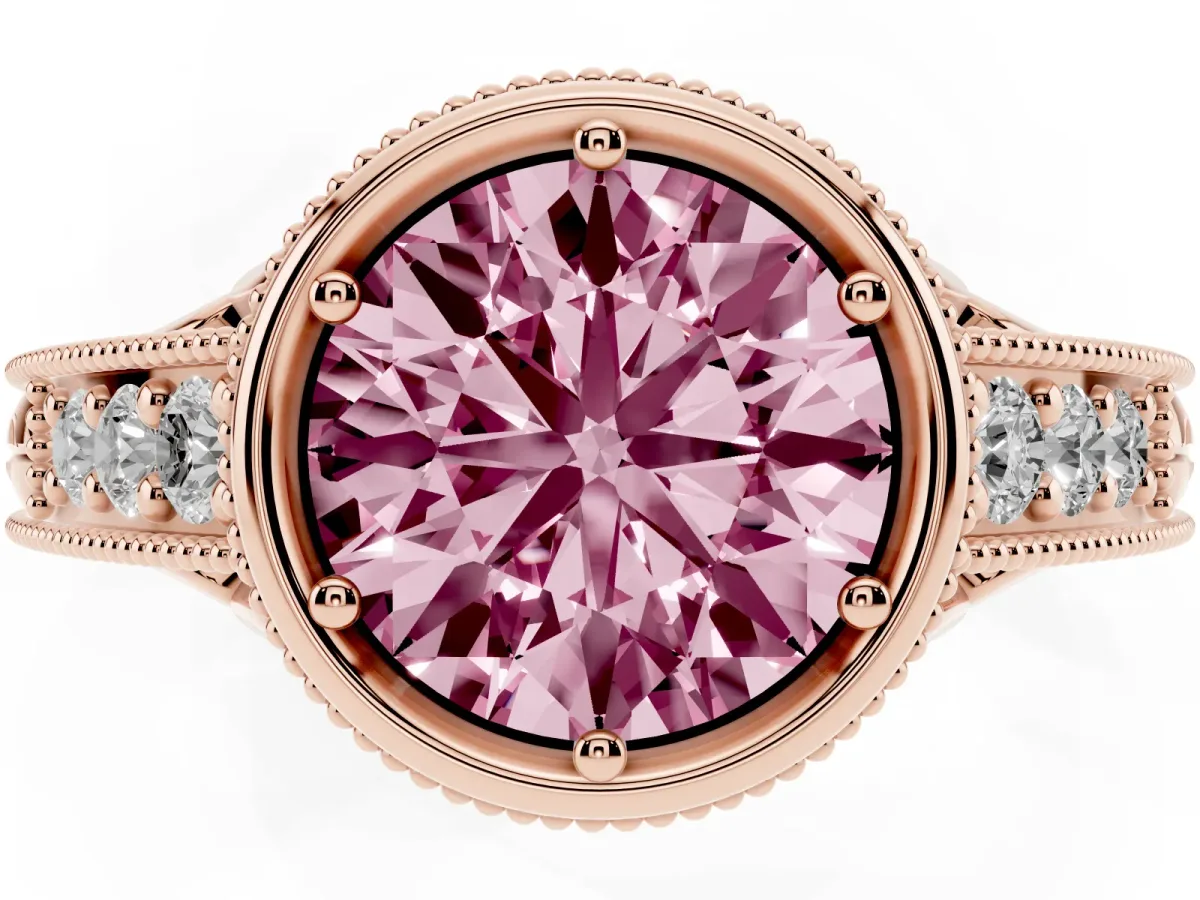 Fancy Pink Bezel Set Round Cut Diamond Milgrain Pave Engagement Ring Rose gold