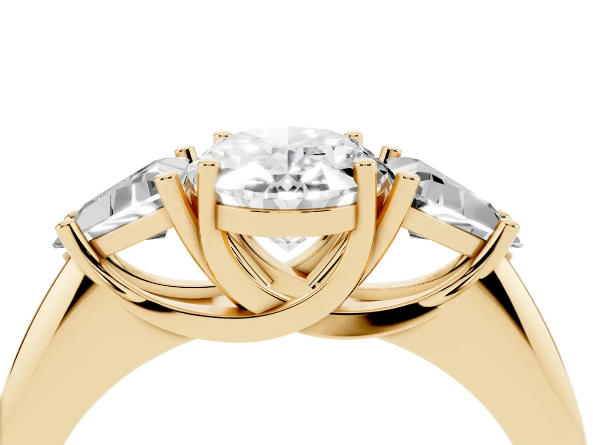 Three-Stone Oval Cut Diamond Engagement Ring with Trillion Side Stones and Prong Setting Yellow gold